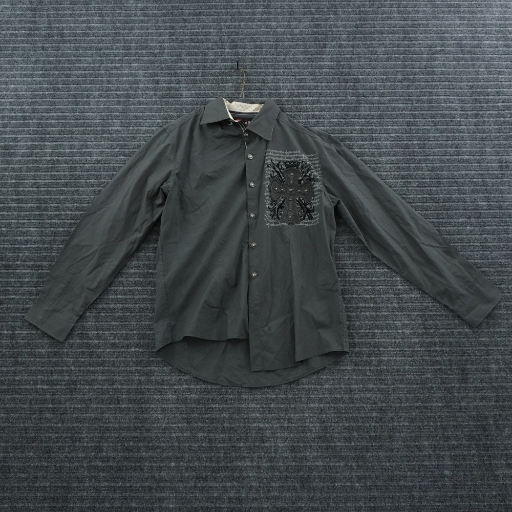 House of Lords Button Down Shirt Large Grey Gothic Cross Embroidered Long Sleeve